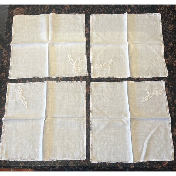 White Linen Napkins With Hand Embroidered Floral Basket Design & Lacey Edging Se - Picture 1 of 10